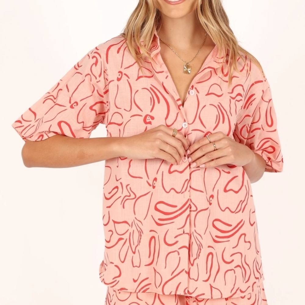 Petal+Pup Womens Flower Power Cotton Short Sleeve Button Down Top- Pink, M New